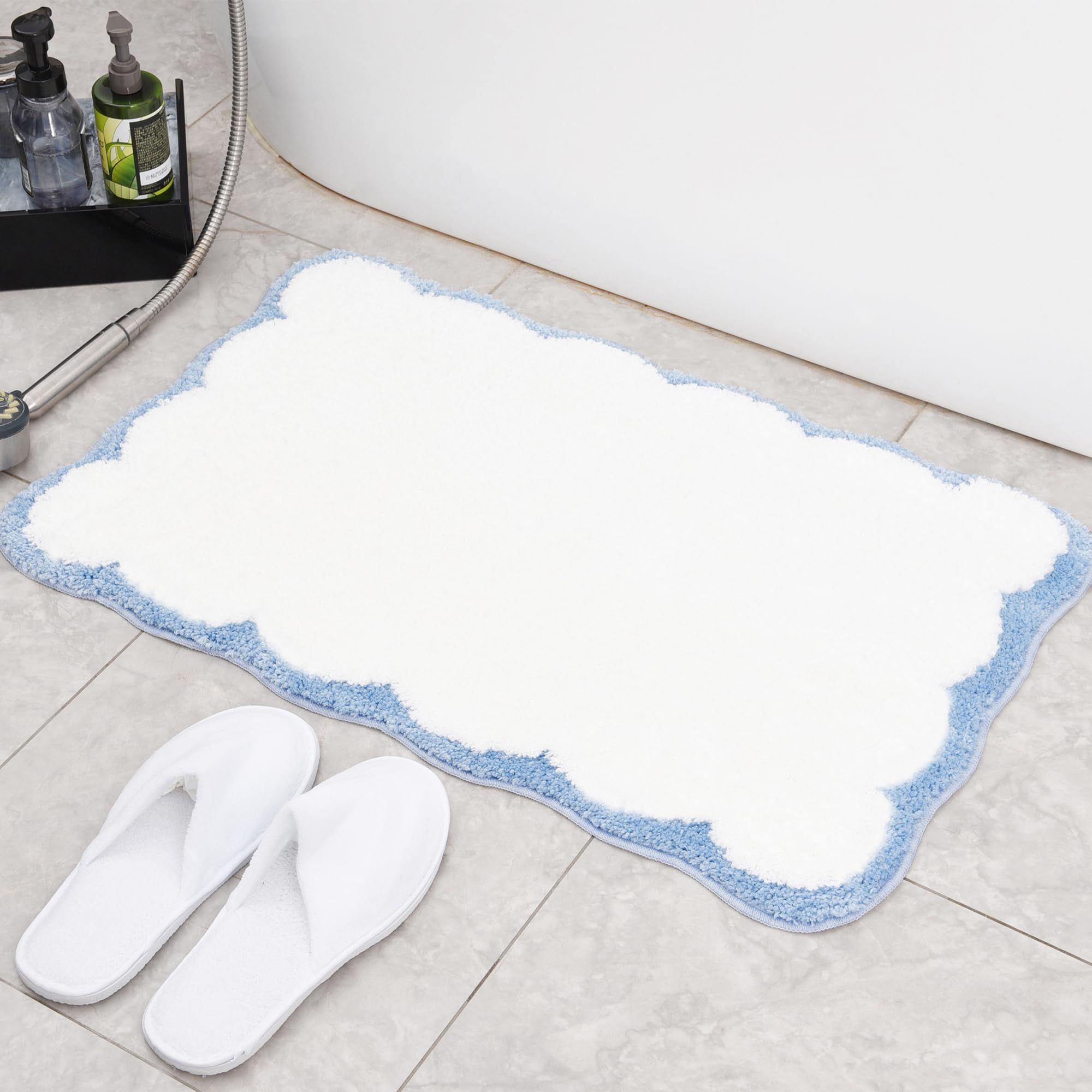 Luxury Microfiber Bathroom Rugs, White Bath Rug with Blue Scalloped Piping Bath Mat for Bathroom,... | Amazon (US)