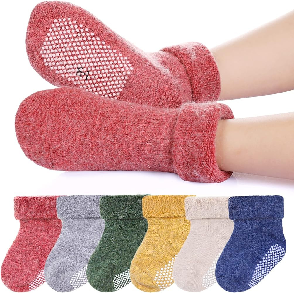 6 Pairs Baby Boy Girl Non Slip Socks Child Toddler Winter Thick Soft Wool Kids Warm Socks with Gr... | Amazon (US)