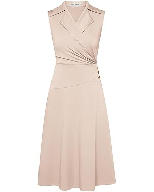 GRACE KARIN 2025 Women's Notch Lapel Ruched Wrap V Neck Business Work Dress Sleeveless A Line Mid... | Amazon (US)