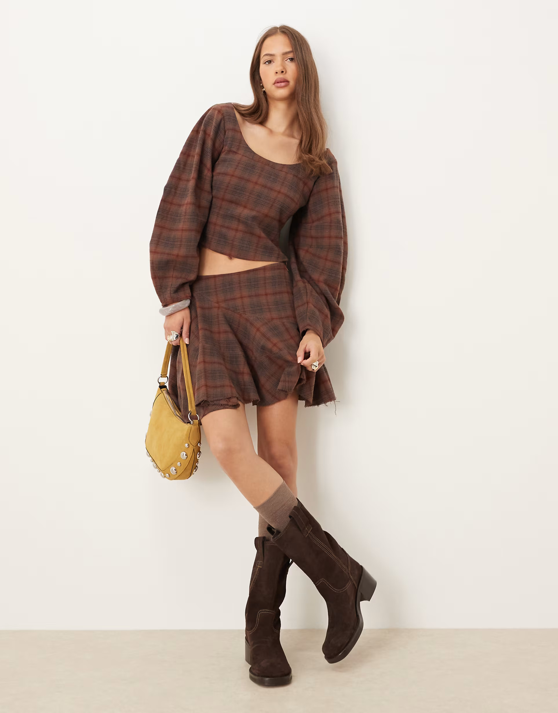 ASOS DESIGN volume detail mini skirt in brown plaid - part of a set | ASOS (Global)