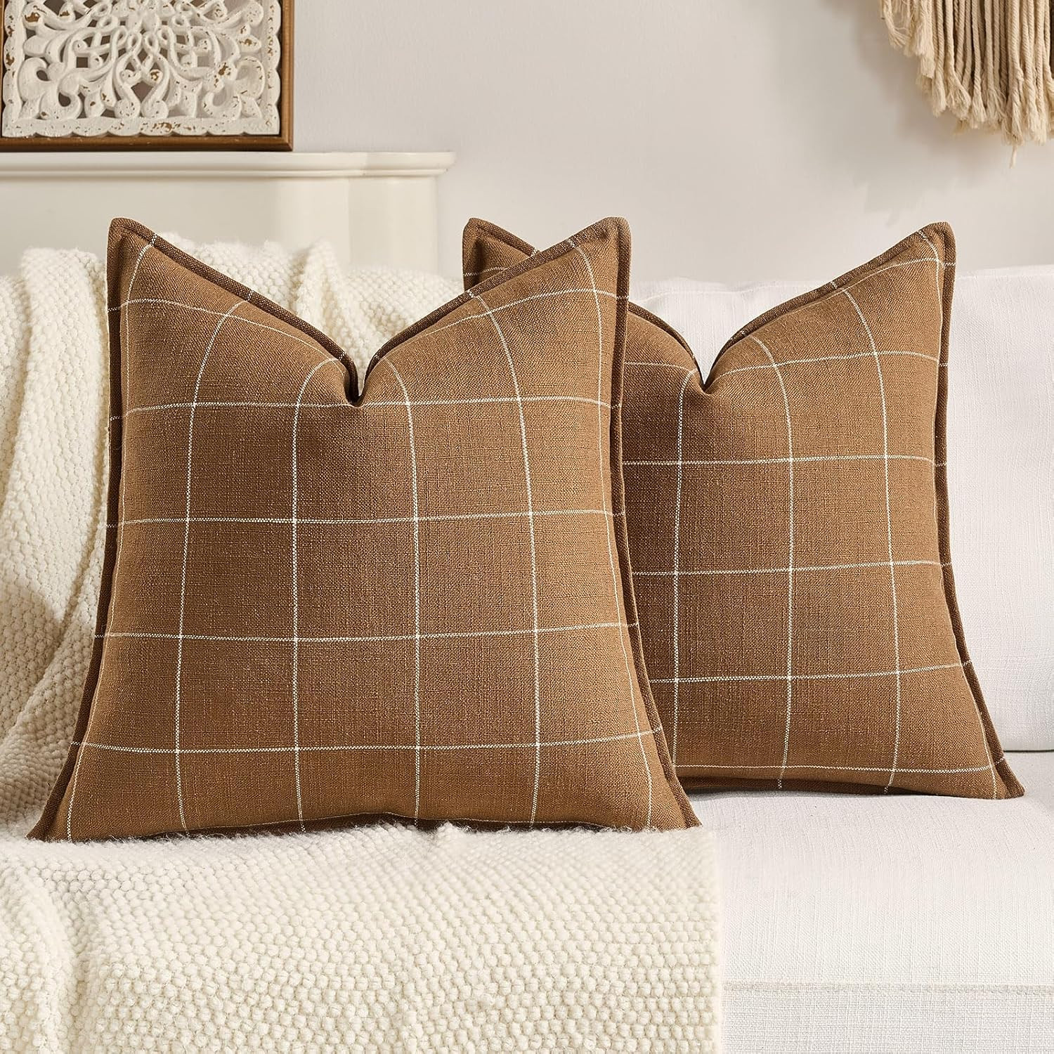 Brown Tan Plaid Farmhouse Boho Linen Throw Pillow Covers 18x18 Set of 2 | Amazon (US)