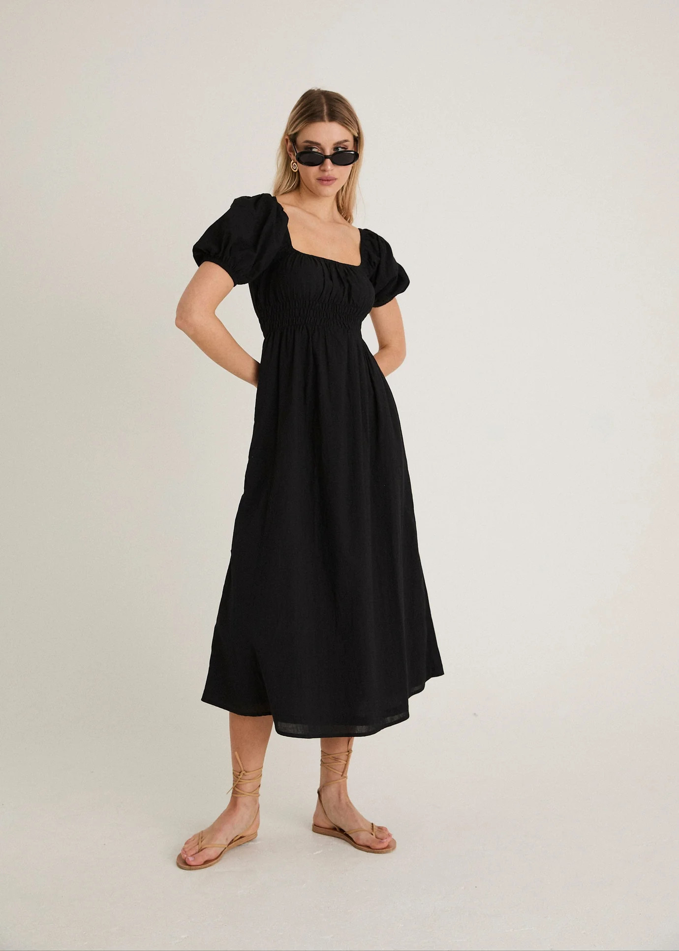 PUFF SLEEVE MIDI DRESS - BLACK | WAT The Brand