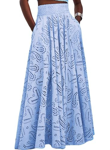 Women Fall Long Maxi Eyelet Embroidered Party Club Pleated Cute Ladies Skirt | Amazon (US)
