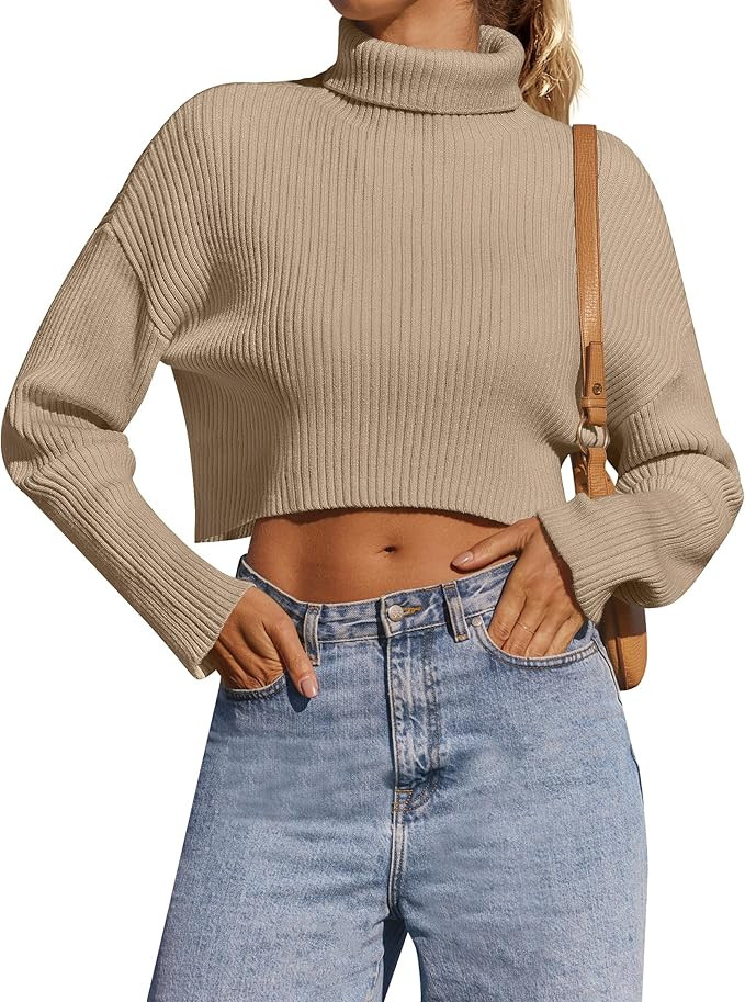 ZESICA Women's Cropped Turtleneck Sweaters 2023 Fall Long Sleeve Ribbed Knit Oversized Casual Pul... | Amazon (US)