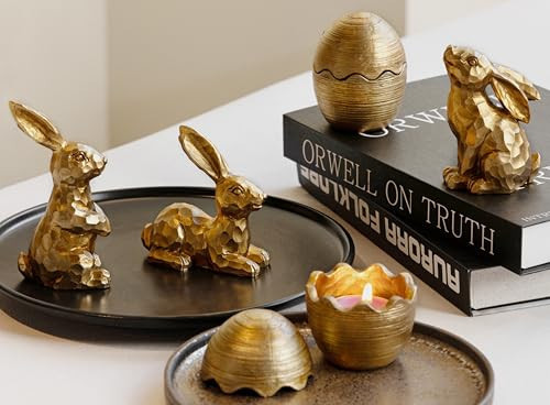 Easter Decorations for Home-3pcs Gold Bunny Figurines & 2pcs Easter Eggs & 2pcs Tealights, Brass Rabbit Decor for Spring Home Decor, Vintage Resin Bunnies for Table Centerpieces Mantel Decorations | Amazon (US)