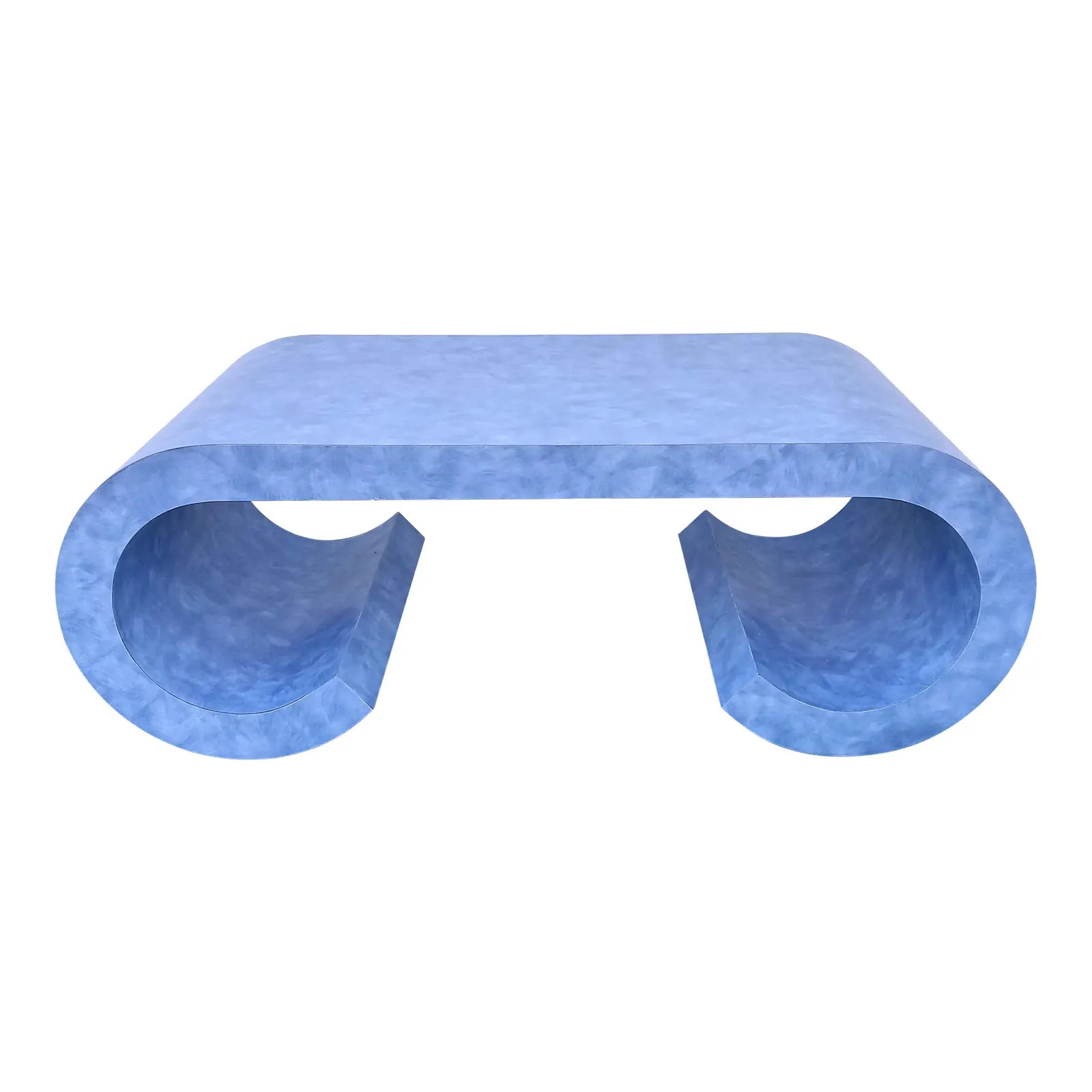 1970s Custom Made Scroll Light Blue Mottled Coastal Modern Laminate Coffee Table | Chairish
