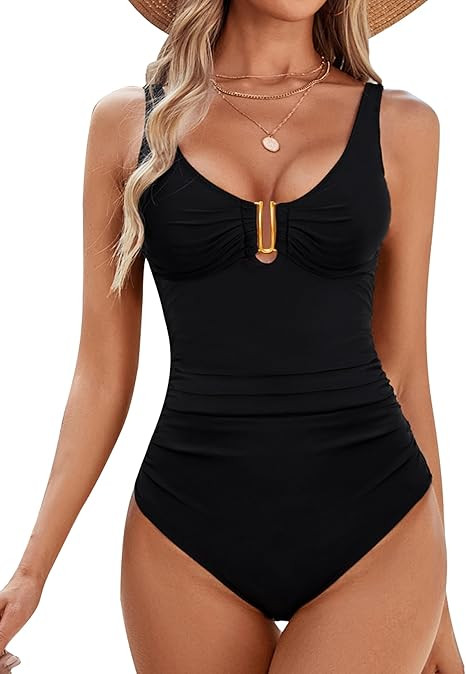 BMJL Women's Tummy Control Swimsuits Ruched Slimming One Piece Bathing Suit Deep V Neck Swimsuit | Amazon (US)