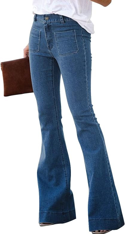 Sidefeel Women Destroyed Flare Jeans Elastic Waist Bell Bottom Raw Hem Denim Pants | Amazon (US)