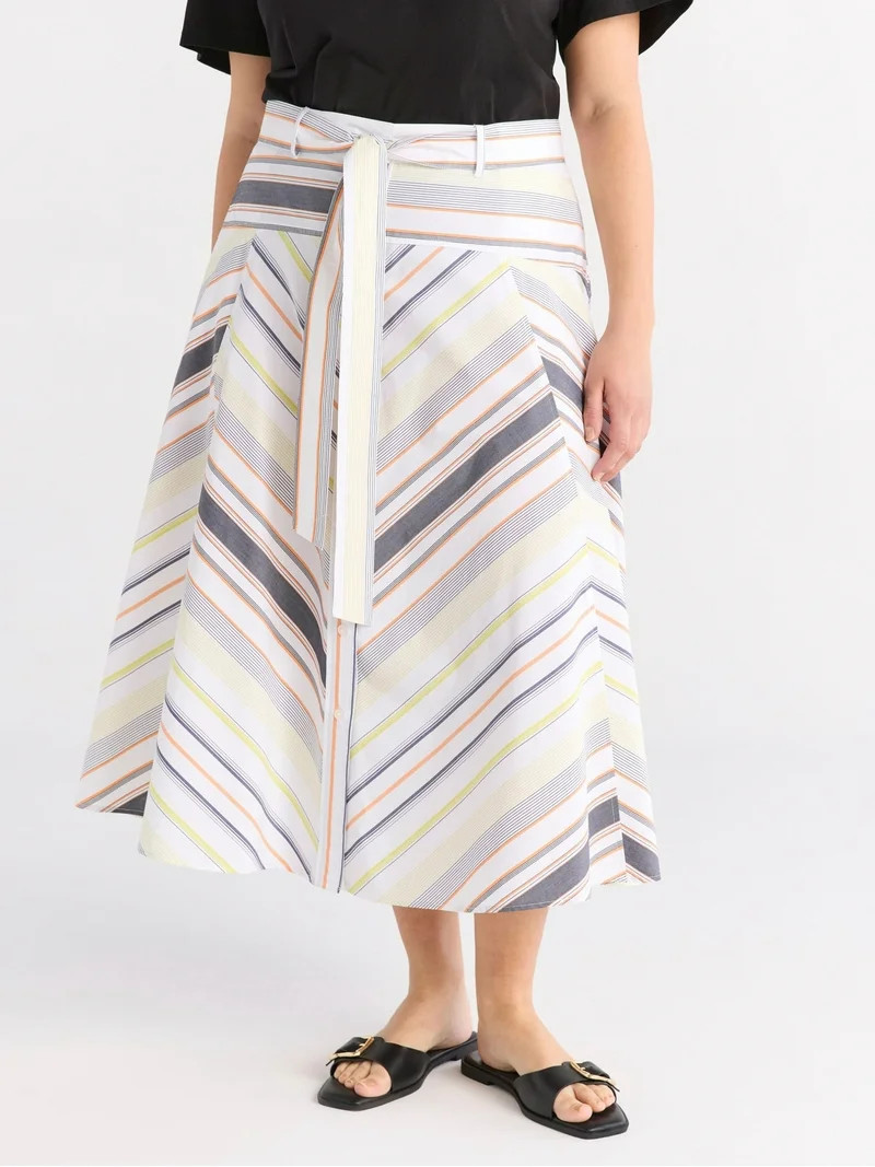 Free Assembly Women's and Women's Plus Size Belted Button Front Cotton Midi Skirt, XS-4X | Walmart (US)