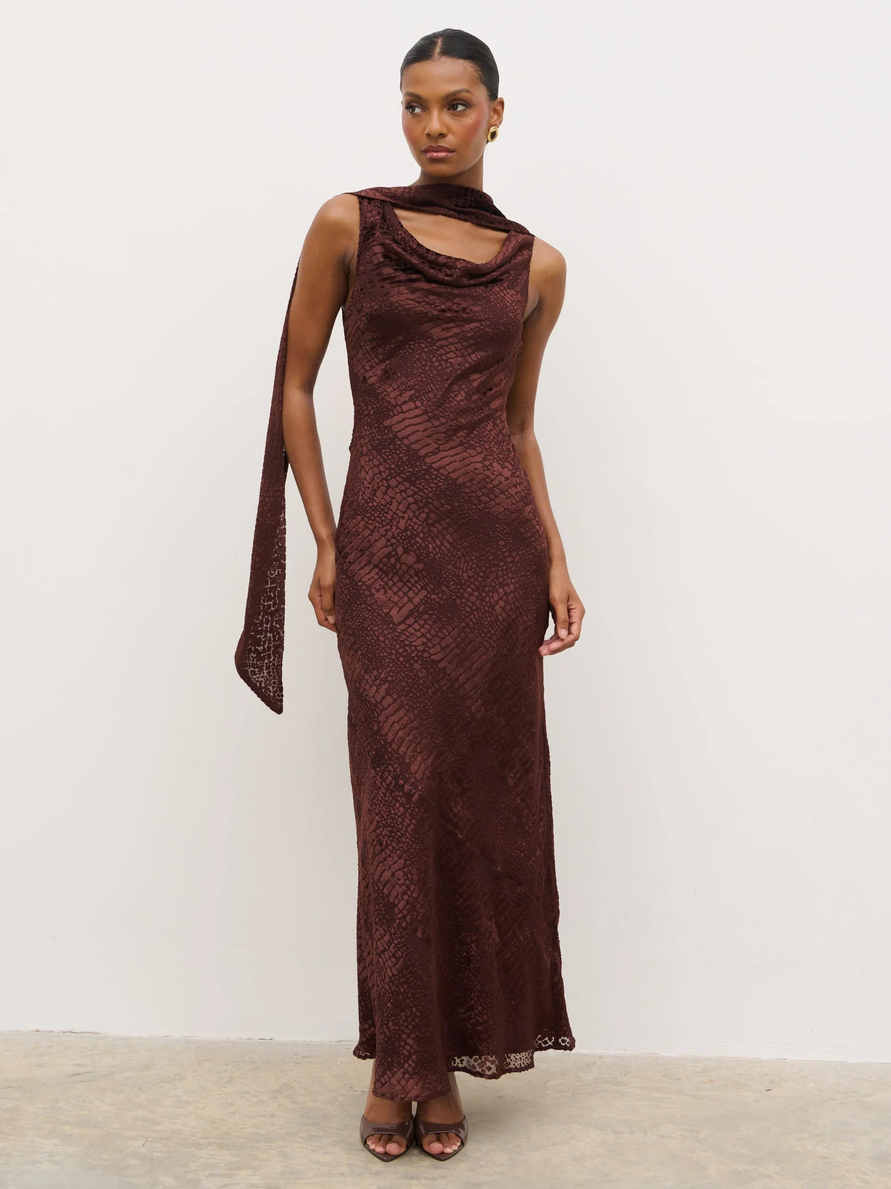 Ainsley Cowl Devore Neck Maxi Slip - Brown | Pretty Lavish (UK)