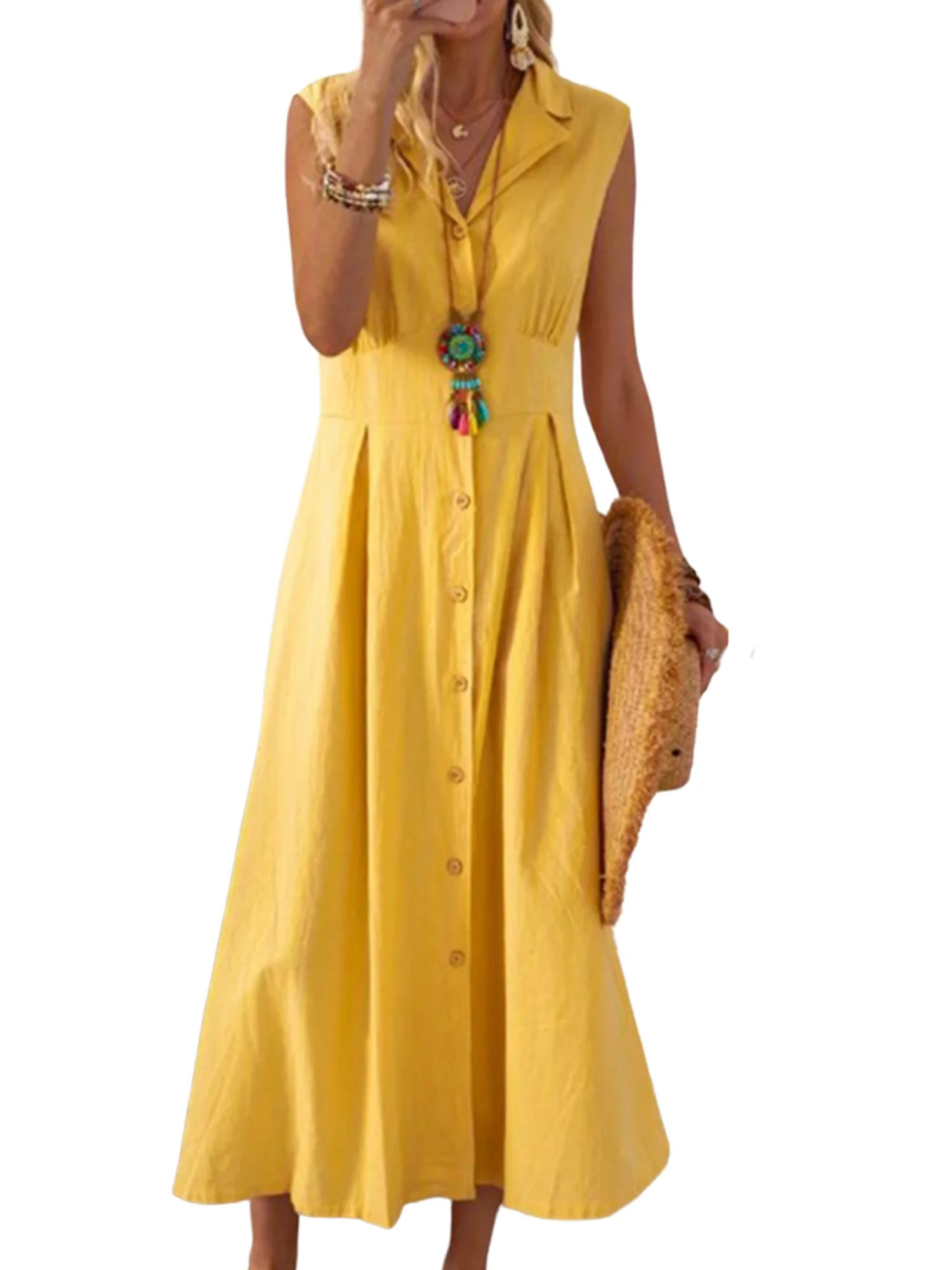 Julycc Womens Summer Sleeveless Maxi Dress Cotton Linen Buttons Long Shirt Dress | Walmart (US)