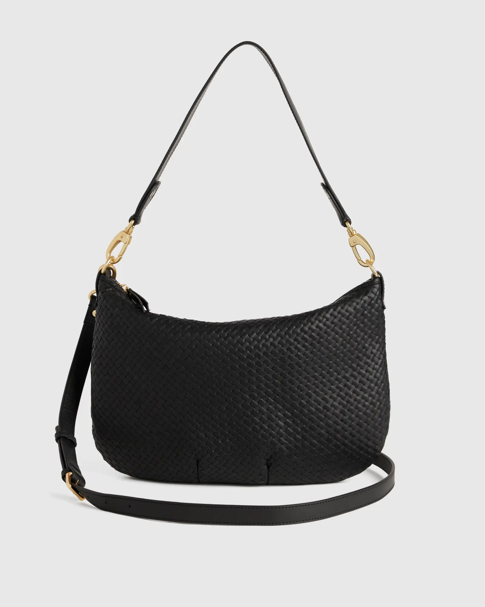 Italian Leather Convertible Crescent Handwoven Shoulder Bag in Black | Quince