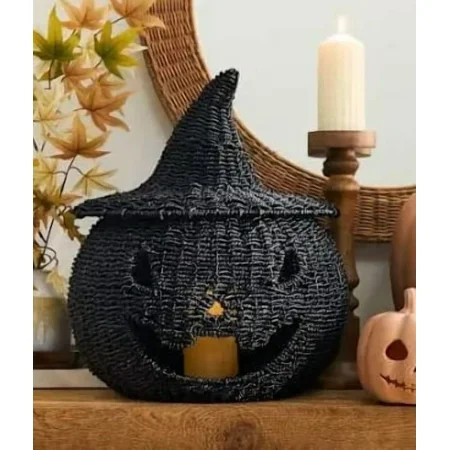 ZapZest Happy Haunting Seagrass & Metal Pumpkin - 10.6in Black Pumpkin Candle Container Halloween Decorations Indoor & Outdoor- Jack-O-Lantern Pumpkins Autumn Fall Decorations for Home | Walmart (US)