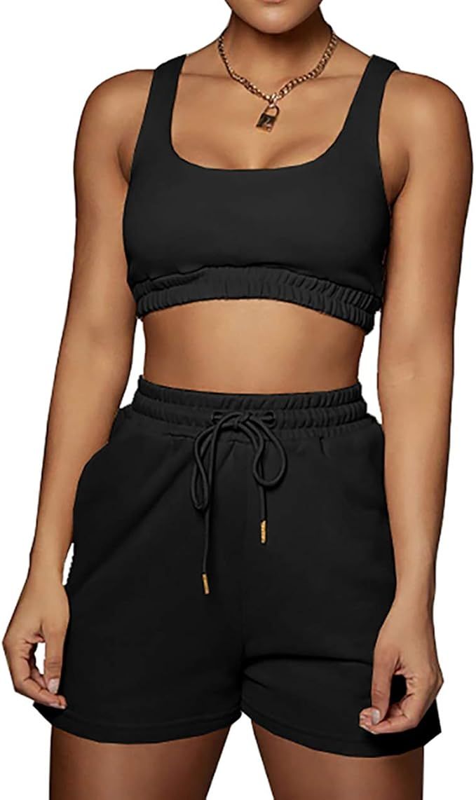 Summer Workout Sets Two Piece Outfits for Women , Sexy Sleeveless Crop Tops and Loose Shorts Casu... | Amazon (US)