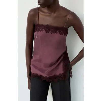 MANGO Lace Satin Camisole in Brown at Nordstrom, Size Medium | Nordstrom