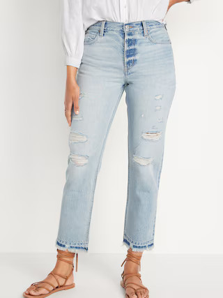 High-Waisted Slouchy Straight Distressed Cut-Off Non-Stretch Jeans for Women | Old Navy (US)