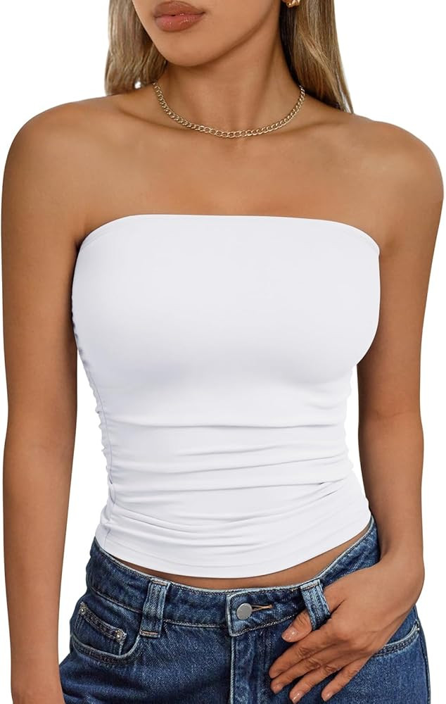 Trendy Queen Womens Cute Summer Tube Tops Going Out Strapless Ruched Backless Sleeveless Bandeau ... | Amazon (US)