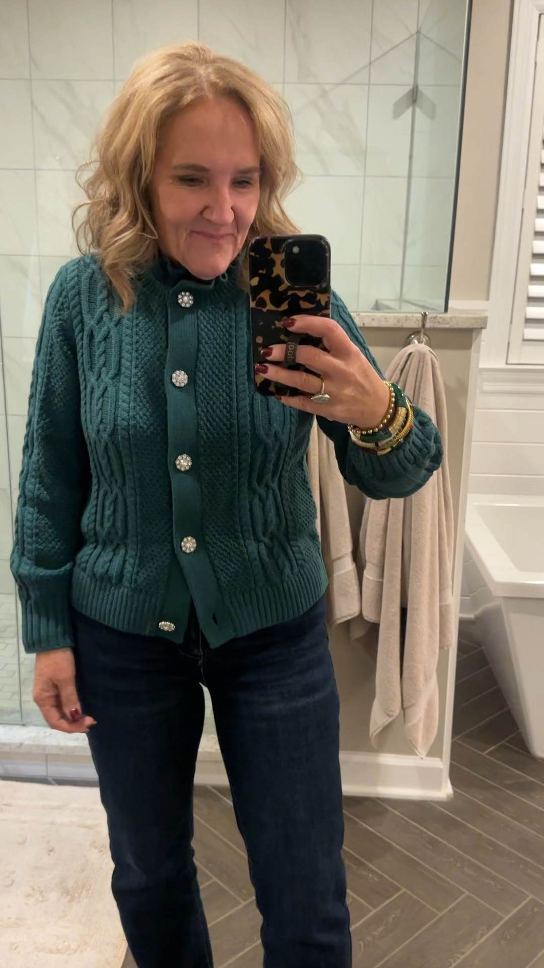 Talbots cotton blend sweater is so pretty. Love the ruffle collar. Wearing a medium 
Jeans are tts but they have a lot of stretch. Wearing a 29
Sneakers tts 
20% off my bracelets code NANETTE20

#LTKFindsUnder100 #LTKHoliday #LTKOver40