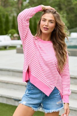 Kara Pink And White Stripe Waffle Pullover | Pink Lily
