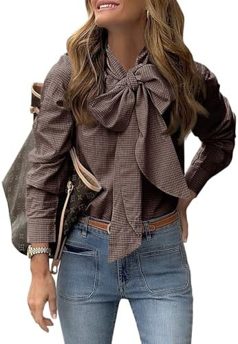 Cicy Bell Womens Plaid Shirts Bow Tied Neck Button Down Long Sleeve Casual Dressy Blouse Tops | Amazon (US)