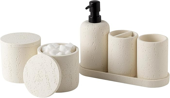 Bathroom Accessories Set, Travertine Stone-Look, 6 PCS Bathroom Accessory Set with Soap Dispenser... | Amazon (US)