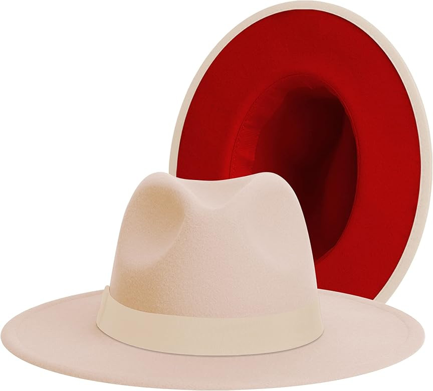 Classic Wide Brim Fedora for Women Men Two Tone Fedora with Band Adjustable Felt Panama Hat | Amazon (US)