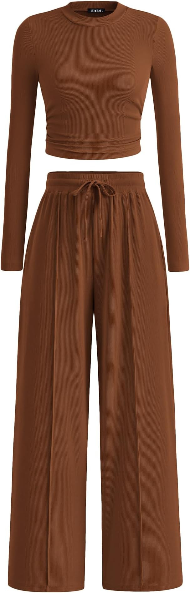 BTFBM Casual 2 Piece Sets For Women Fall Outfits 2025 Ribbed Long Sleeve Crop Top Wide Leg Pants ... | Amazon (US)