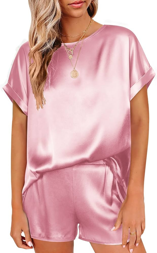 Ekouaer Silk Pajama Set for Women Short Sleeve Satin Sleepwear Pj Short Sets Soft Casual Sleep Se... | Amazon (US)
