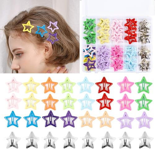 Secmity 55pcs 1.22" Star Hair Clips Cute Hair Clips for Girls Colorful Metal Snap Hair Barrettes for Women Star Hair Accessories for Daily Party | Amazon (US)