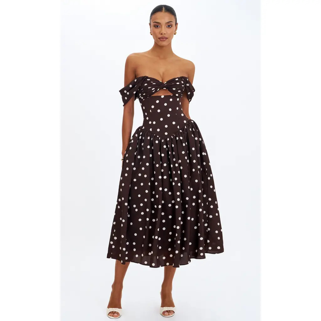 Miss Circle Xandie Polka Dot Off-Shoulder Midi Dress in Mocha at Nordstrom, Size Medium | Nordstrom