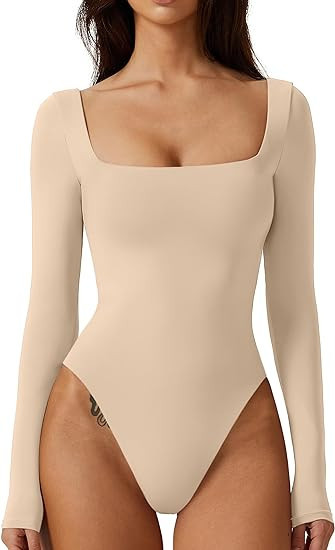 QINSEN Bodysuit Tops for Women Square Neck Long Sleeve Double Lined T-shirt | Amazon (US)