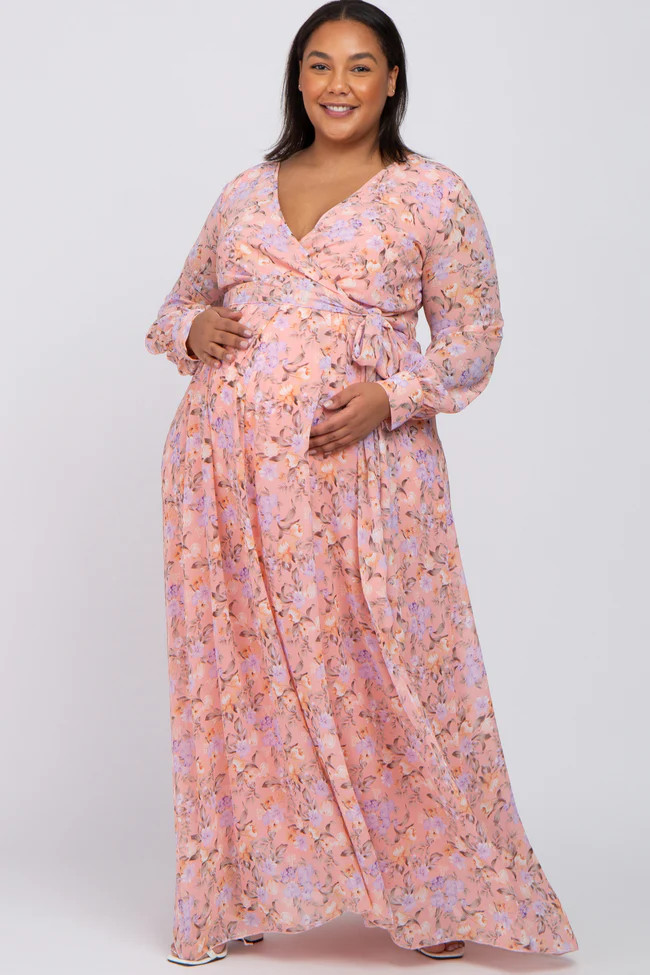 Pink Floral Chiffon Long Sleeve Pleated Maternity Plus Maxi Dress | PinkBlush Maternity