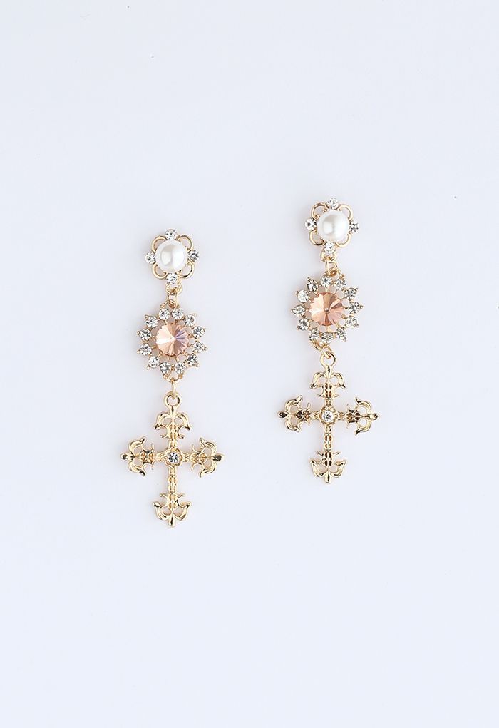 Cross Crystal and Pearl Decorated Drop Earrings | Chicwish