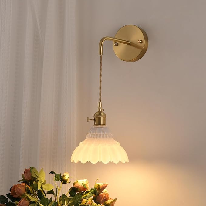 Battery Operated Wall Sconce with White Lily of The Valley Shade Glass Adjustable Chain Retro Wal... | Amazon (US)