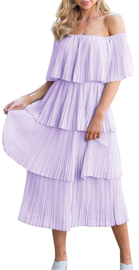 ETCYY NEW Women's Off The Shoulder Sleeveless Tiered Ruffle Pleated Casual Midi Dress | Amazon (US)