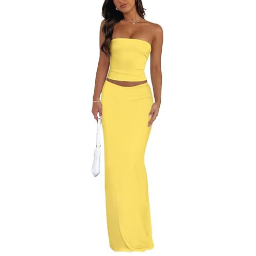 Goafuliy 2 Piece Skirt Set for Women, Sleeveless Tube Top and Bodycon Maxi Skirts Summer Two Pieces Vacation Outfits Yellow L | Amazon (US)