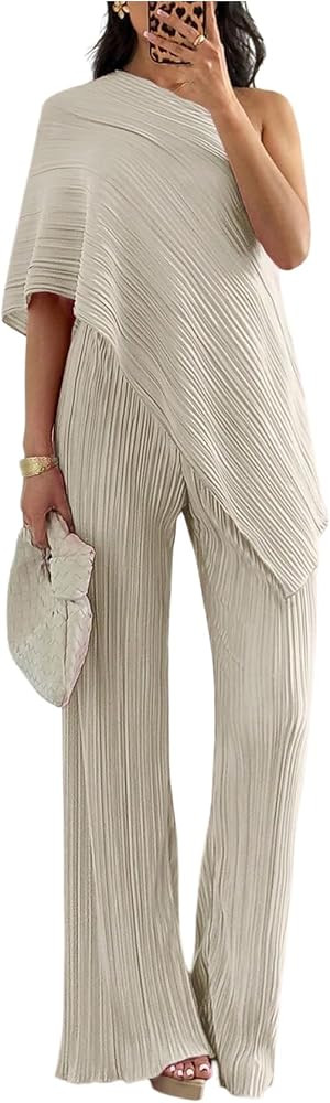 MakeMeChic Women's Elegant 2 Piece Striped Outfits One Shoulder Asymmetrical Top and Pants Clothi... | Amazon (US)