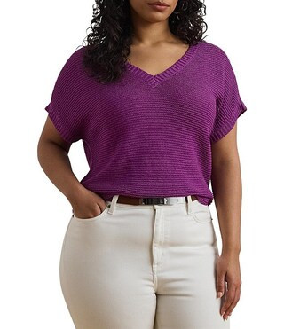Lauren Ralph Lauren Plus Size Linen Blend V-Neck Short Sleeve Sweater | Dillard's | Dillard's