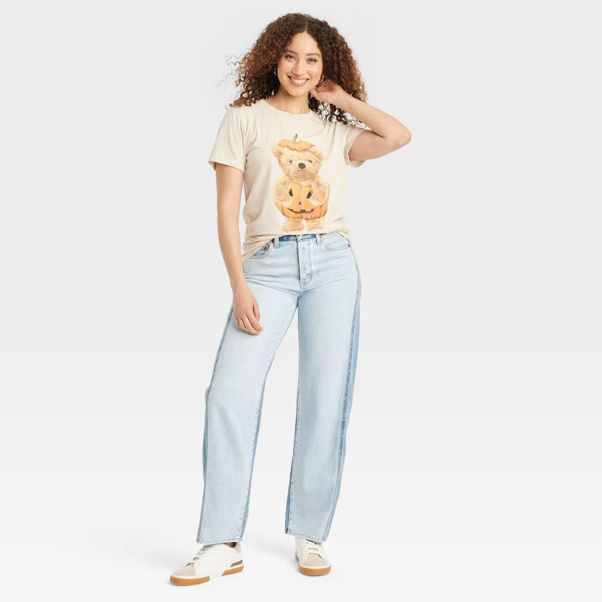 Women's Teddy Bear Pumpkin Short Sleeve Graphic Boyfriend T-Shirt - Beige | Target