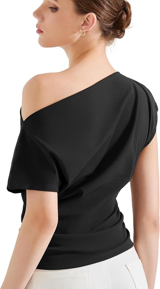 SUUKSESS Women Off The Shoulder Summer Tops One Shoulder T Shirt Casual Short Sleeve Boat Neck Te... | Amazon (US)