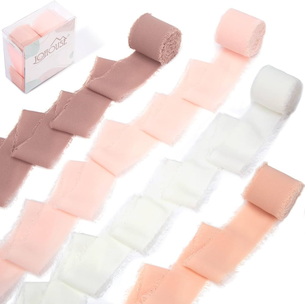 JOHOUSE Chiffon Ribbon Handmade Fringe Silk Ribbon 4 Rolls x 7Yd, Pink Chiffon Ribbon Perfect for... | Amazon (US)