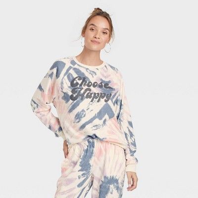 Women&#39;s Choose Happy Graphic Sweatshirt - Off-White Tie-Dye S | Target