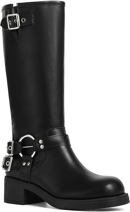 AMINUGAL Knee High Boots Women Square Toe Pull On Wide Calf Riding Fashion Buckles Chunky Metalli... | Amazon (US)