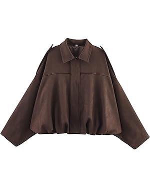 Faux Suede Jacket Women Oversized Long Sleeve Zip Up Epaulet Bomber Leather Jackets Oversized Cas... | Amazon (US)
