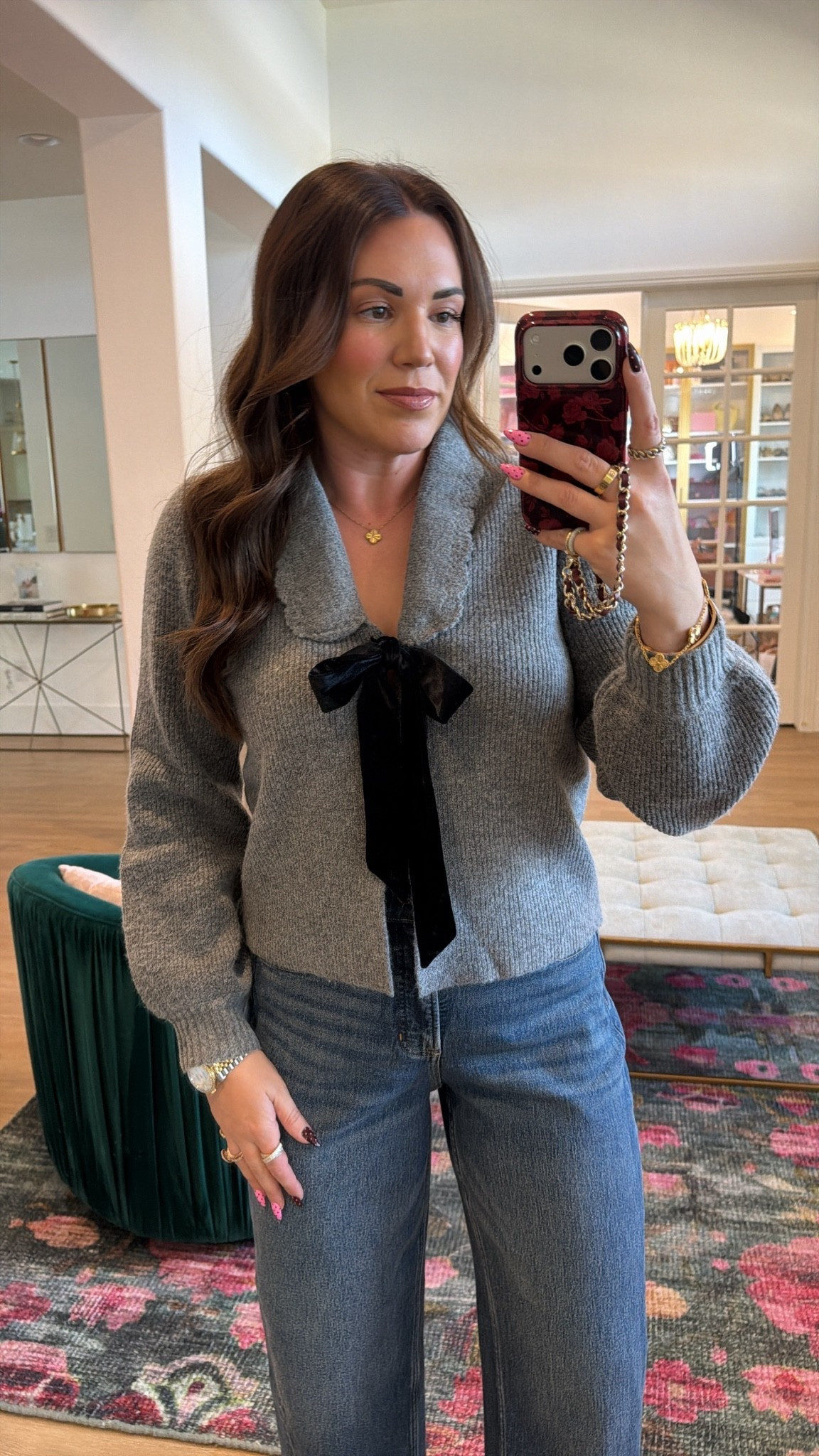 curvy midsize fall look! wearing size medium in gray and black bow sweater (soo soft!) and size medium in barrel denim

#LTKSeasonal #LTKMidsize