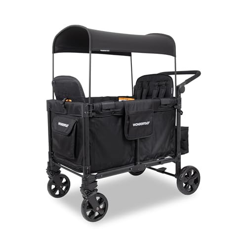 WONDERFOLD W4 Elite Pro Stroller Wagon (4 Seater) - Collapsible Wagon Stroller with Seats with 5-Point Harnesses, Adjustable Push Handle, and Adjustable Sun Canopy, Jet Black | Amazon (US)