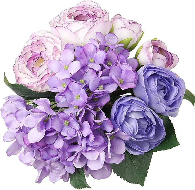 Felice Arts 12" Artificial Flowers Purple Bouquet with 7 Head Silk Tea Rose & Hydrangea Bouquet f... | Amazon (US)