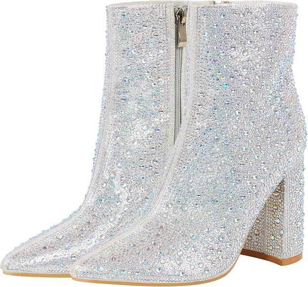 PINOKISS Women's Rhinestones Ankle Boots Block High Heels | Amazon (US)