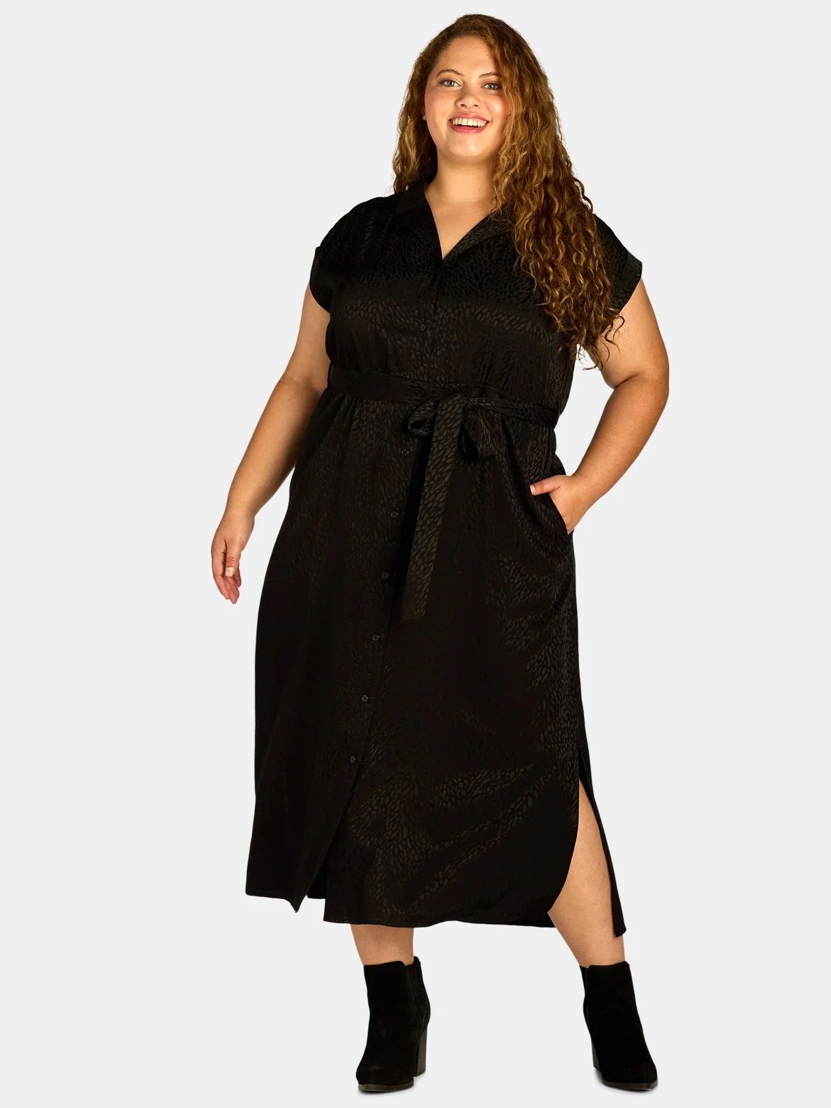 Terra & Sky Black Label Women's Plus Size Sleeveless Midi Shirt Dress with Rolled Cuffs, 0X-4X - ... | Walmart (US)