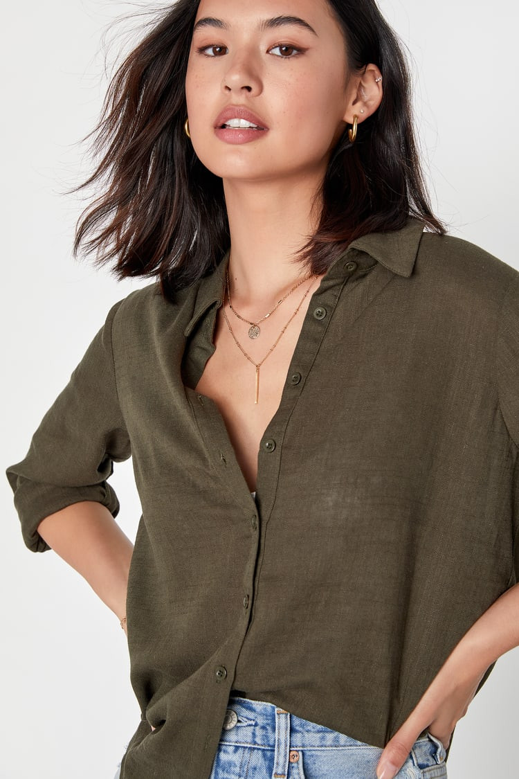 Breezy Energy Olive Green Linen Long Sleeve Button-Up Top | Lulus (US)